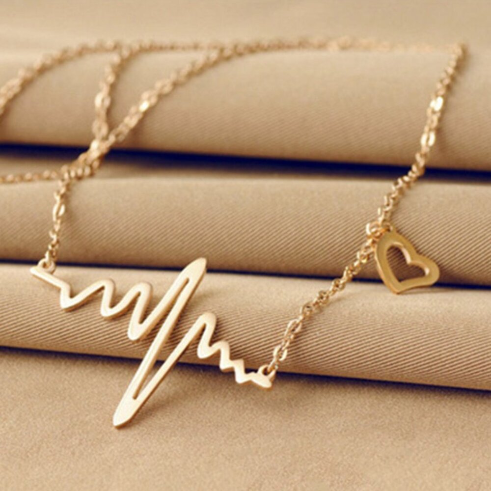 Gold Heartbeat ECG, EKG with Heart Charm Necklace,‎ Gift for Nurse, Doctor